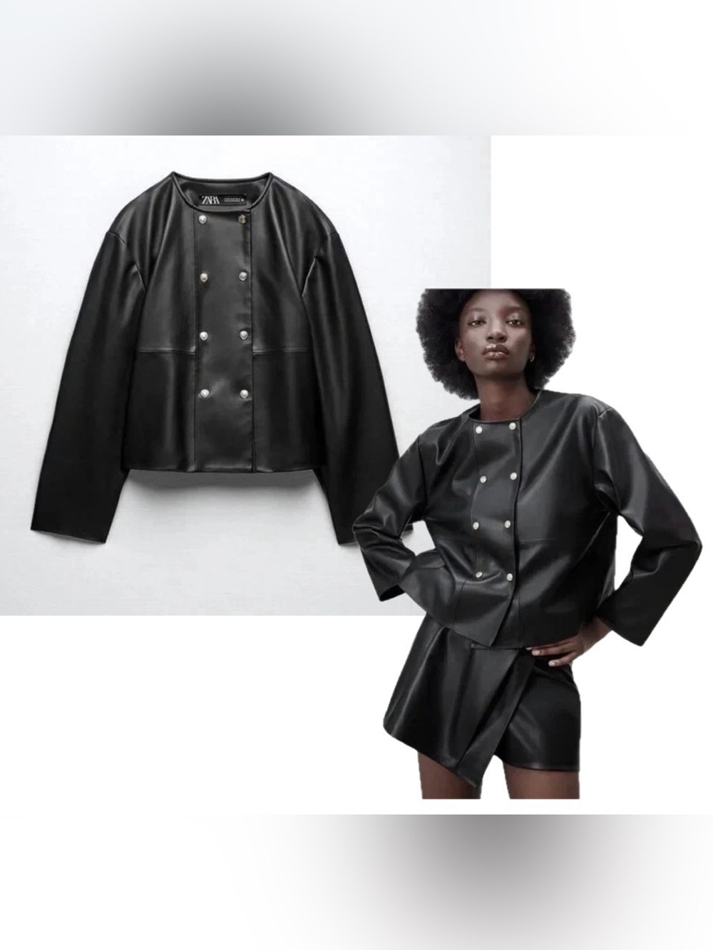 Zara Black Faux-Leather Double-Row Snap blazer Jacket Sz M pleather vegan
